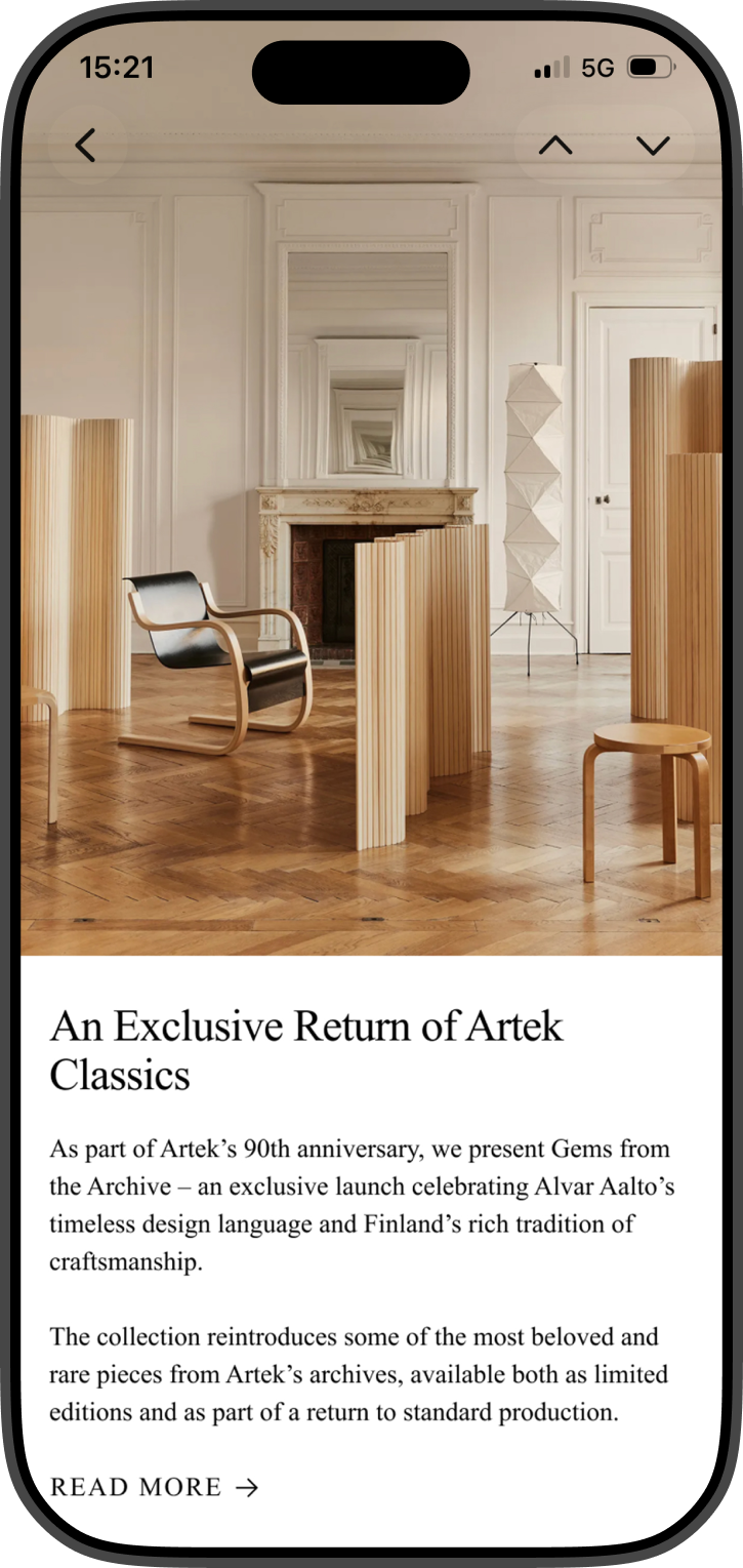 Artek editorial content block in the newsletter